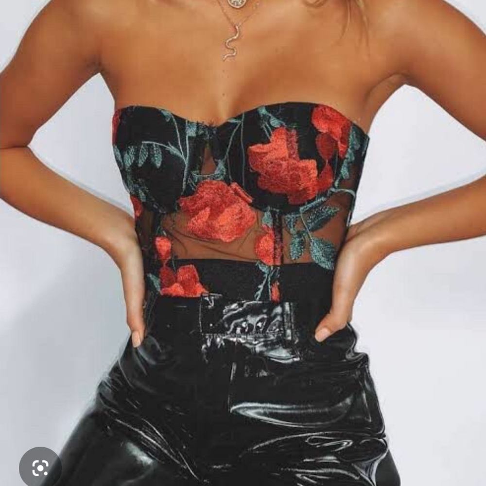 Strapless Black Mesh Crop Bustier with Red Floral Embroidery